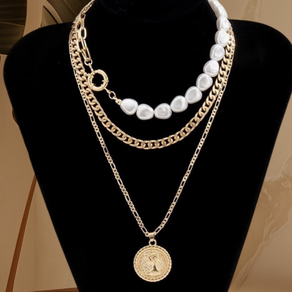 Pearl Toggle Layered Gold Coin Necklace - Picture 5 of 5